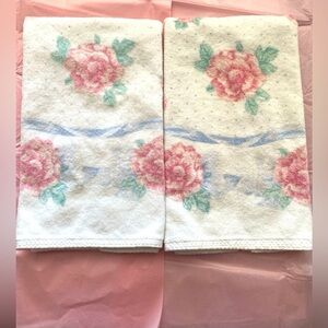 Vintage Pair of Pink Rose Patterned Hand Towels with Green Foliage Blue Ribbons